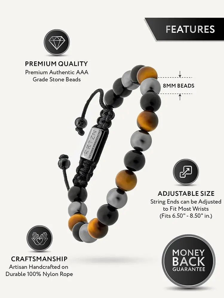 Triple protection tiger eye beaded bracelet for men with black and gold stones on durable nylon rope with silver tag