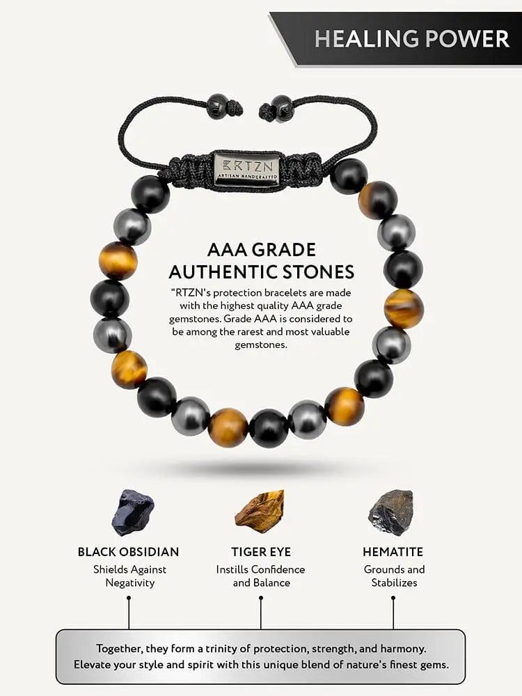 Triple protection tiger eye beaded bracelet for men with black and gold tiger eye, black obsidian, hematite on braided cord