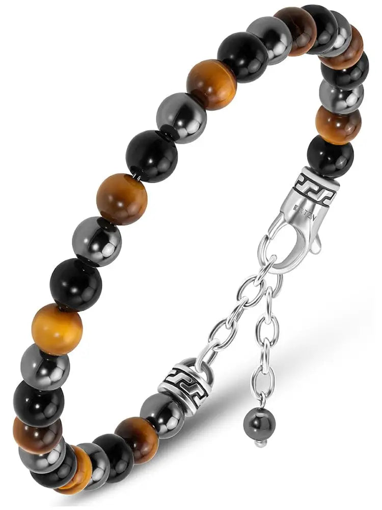 A stylish triple protection tiger eye and obsidian bracelet with alternating beads and silver-toned chain accents