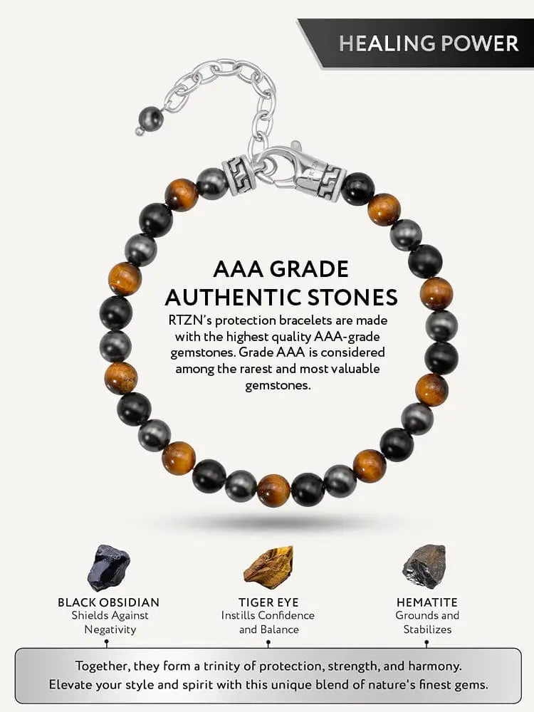 A silver-toned triple protection bracelet with alternating black obsidian and tiger eye gemstones and sleek clasp