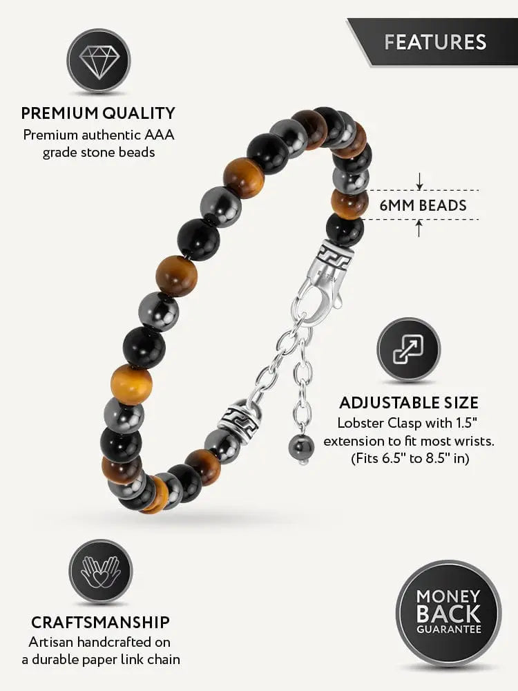 A triple protection tiger eye and obsidian chain bracelet with black brown tiger eye and silver stone beads on paper link chain