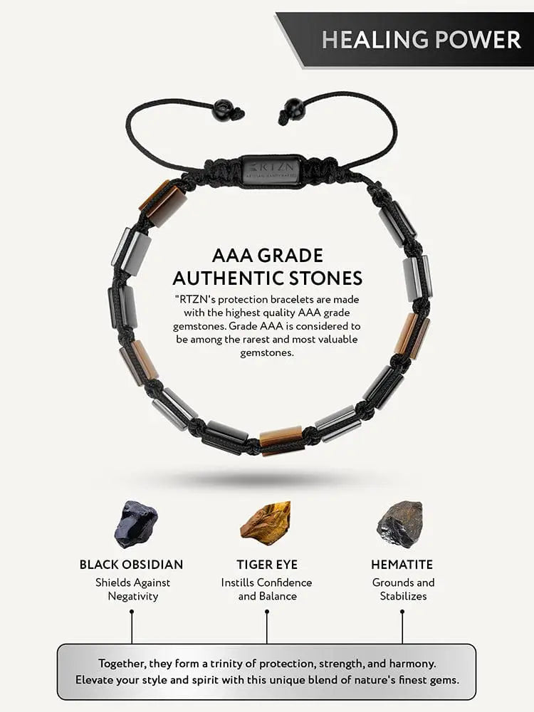 Havana triple protection black obsidian and hematite bracelet with black and bronze rectangular stones and braided cord