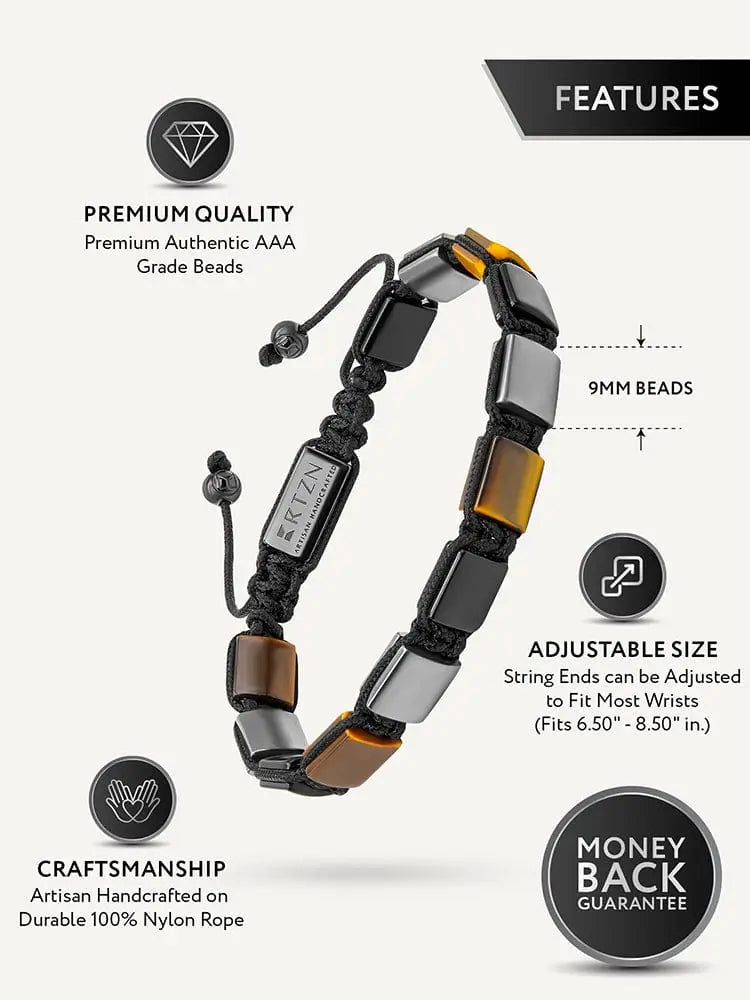 Havana triple protection black obsidian and hematite bracelet in black silver and brown nylon rope beads