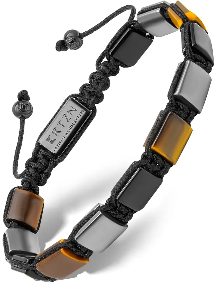 Black braided cord Havana triple protection bracelet with black, silver, amber ceramic beads and branded metal tag