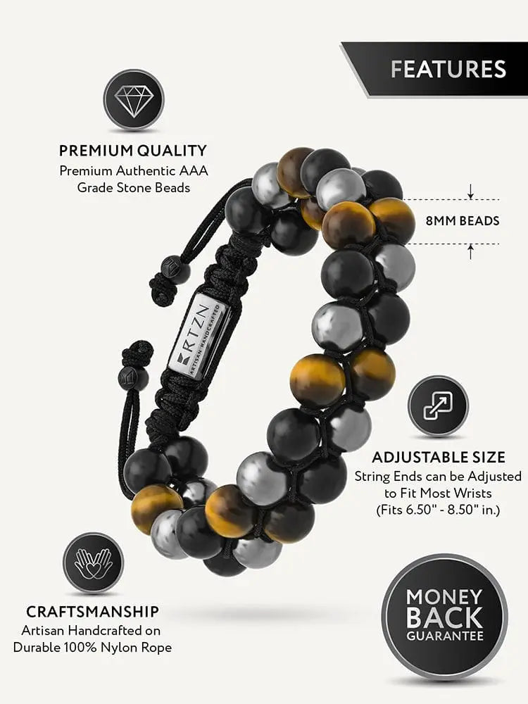 Triple protection tiger eye beaded bracelet with black and silver stones and adjustable nylon rope cord