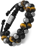 Triple protection tiger eye beaded bracelet featuring black silver and golden beads with braided adjustable cord closure
