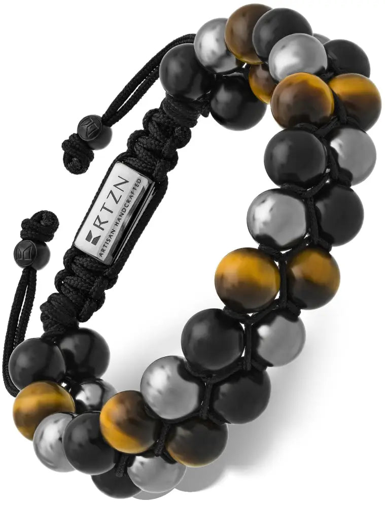 Triple protection tiger eye beaded bracelet featuring black silver and golden beads with braided adjustable cord closure