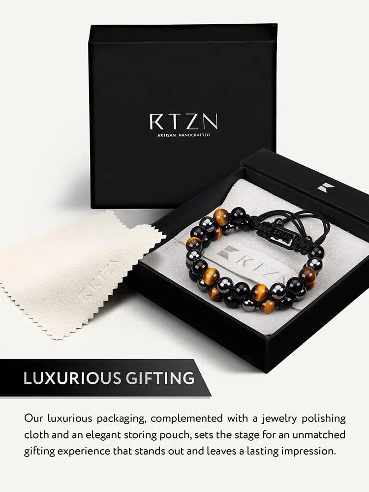 Black and golden tiger eye beaded bracelet with adjustable cord in rtzn artisan handcrafted gift box