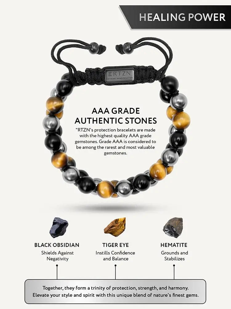 Triple protection tiger eye beaded bracelet featuring black gold silver stones with black obsidian hematite and braided cord closure