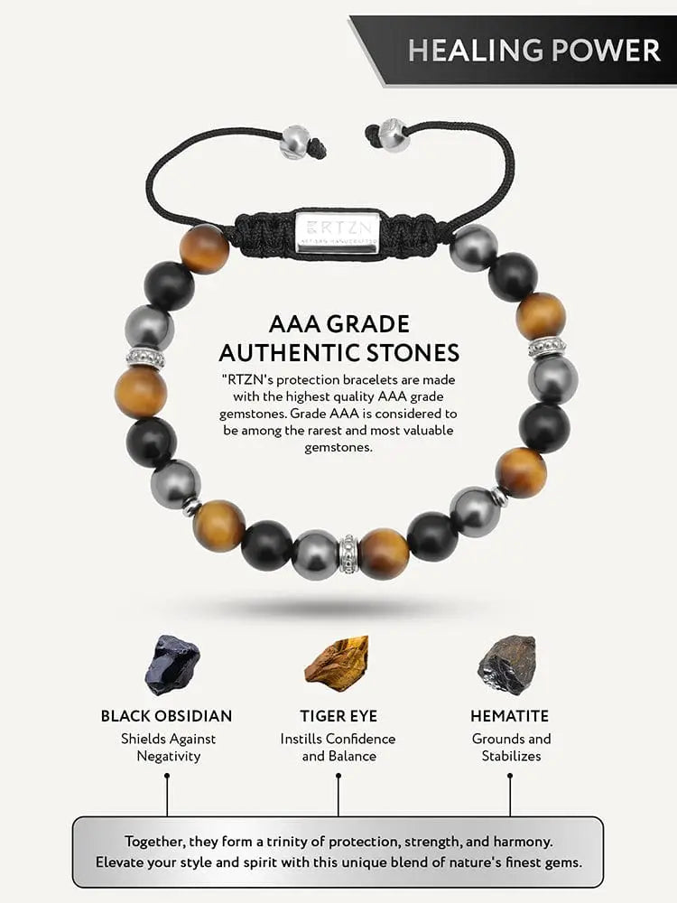 Triple protection mykonos bracelet featuring black gold tiger eye black obsidian hematite gemstones with silver clasp