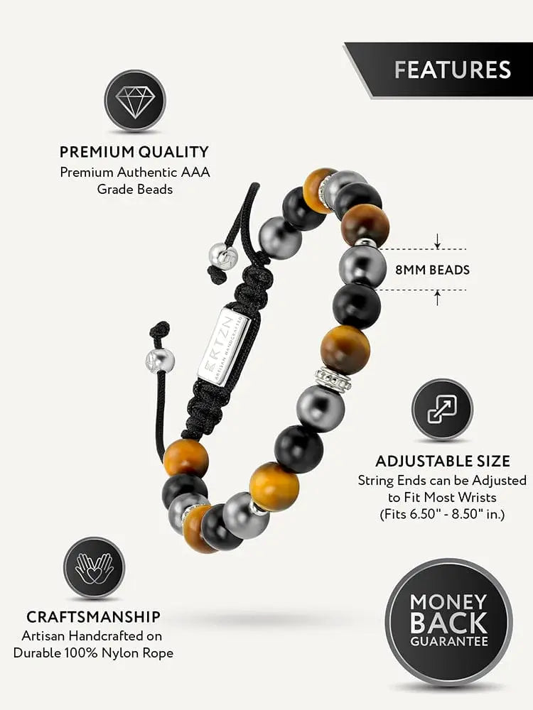 A stylish adjustable triple protection Mykonos bracelet with amber black and silver beads on durable nylon rope