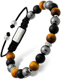 Black braided cord triple protection Mykonos bracelet with tiger eye black hematite beads and engraved ertz metal tag