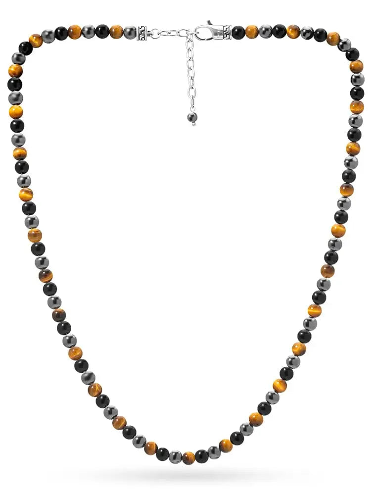 Triple protection tiger eye and hematite beaded necklace with alternating golden and dark beads on a silver chain
