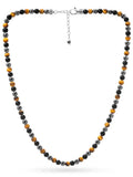 Triple protection tiger eye and hematite beaded necklace with alternating golden and dark beads on a silver chain