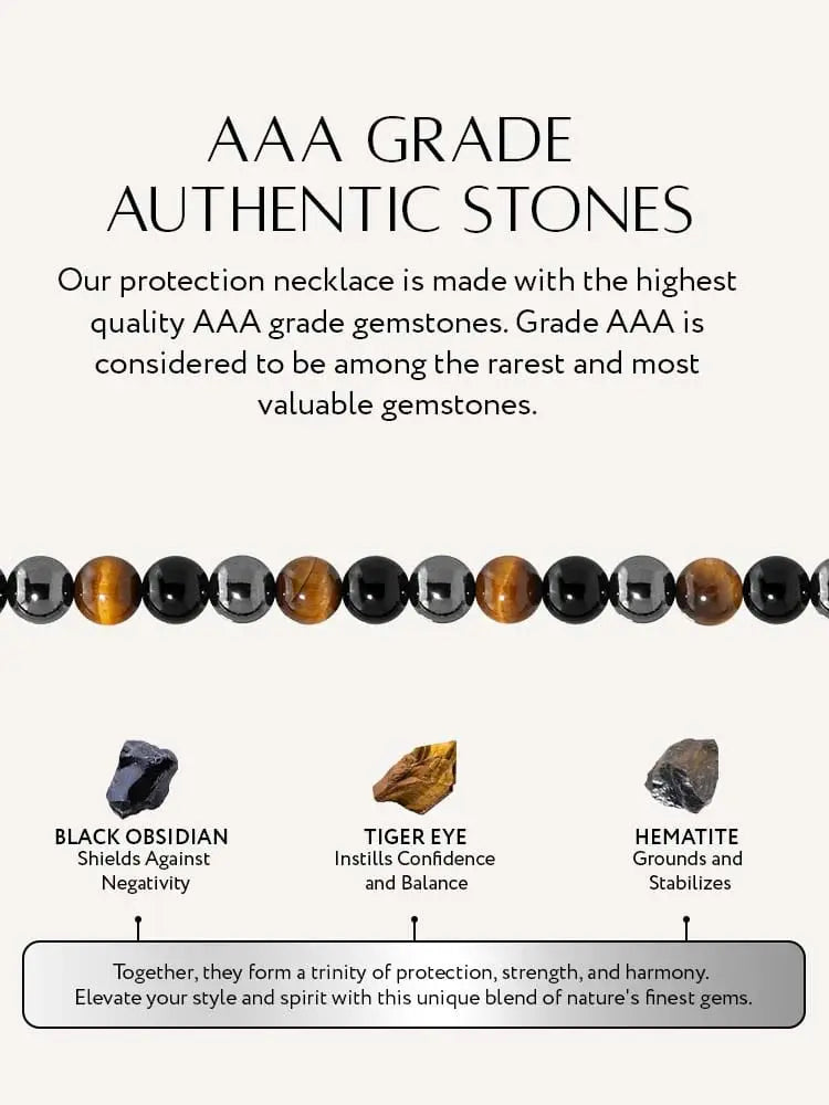 A triple protection tiger eye and hematite beaded necklace featuring aaa natural obsidian, tiger eye, and hematite stones in black and warm golden brown tones