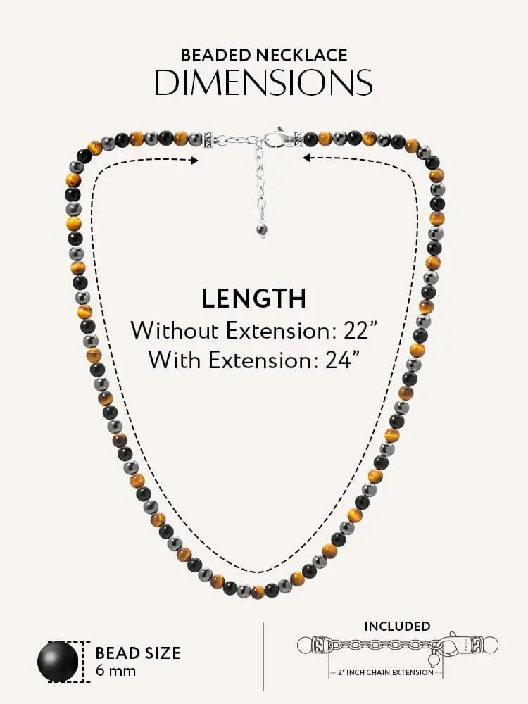 Triple Protection tiger eye and hematite beaded necklace with alternating black and golden tiger eye stones and silver clasp