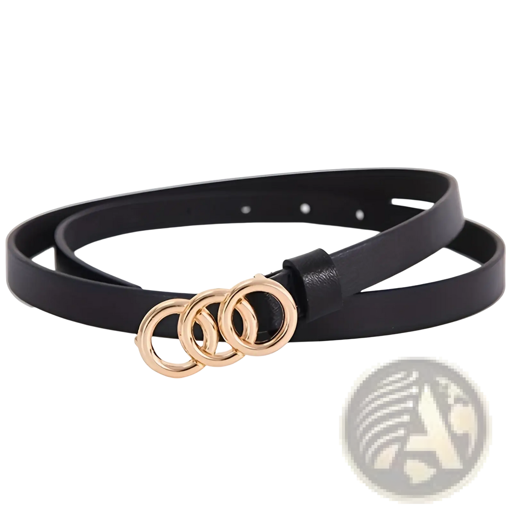 Black leather belt for women with a gold-toned minimalist triple-ring buckle featuring a thin design