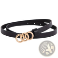 Black leather belt for women with a gold-toned minimalist triple-ring buckle featuring a thin design