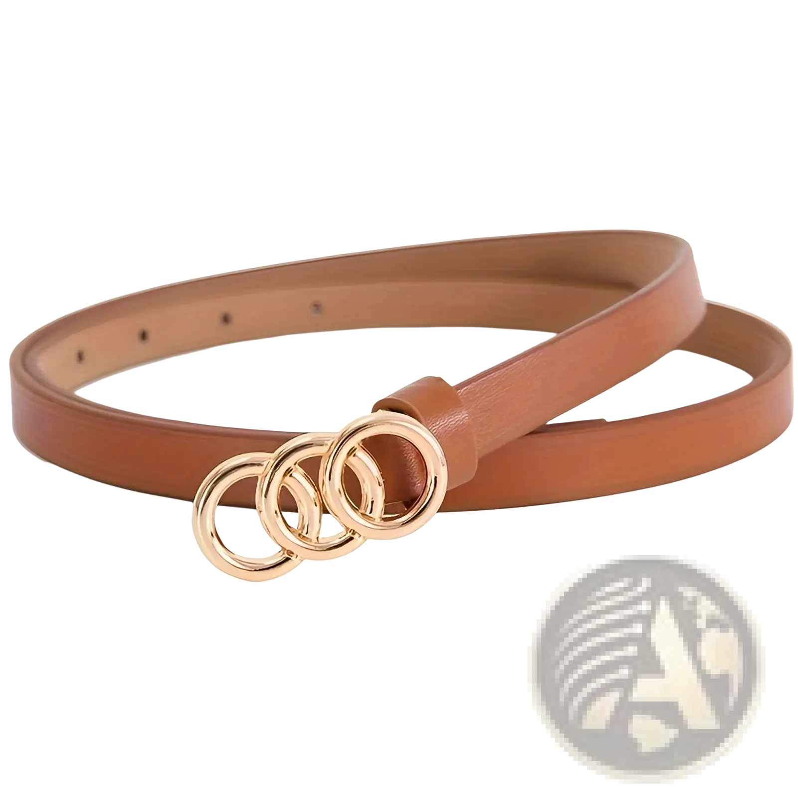 Tan leather women minimalist belt with a gold-toned triple-ring thin buckle for stylish wear