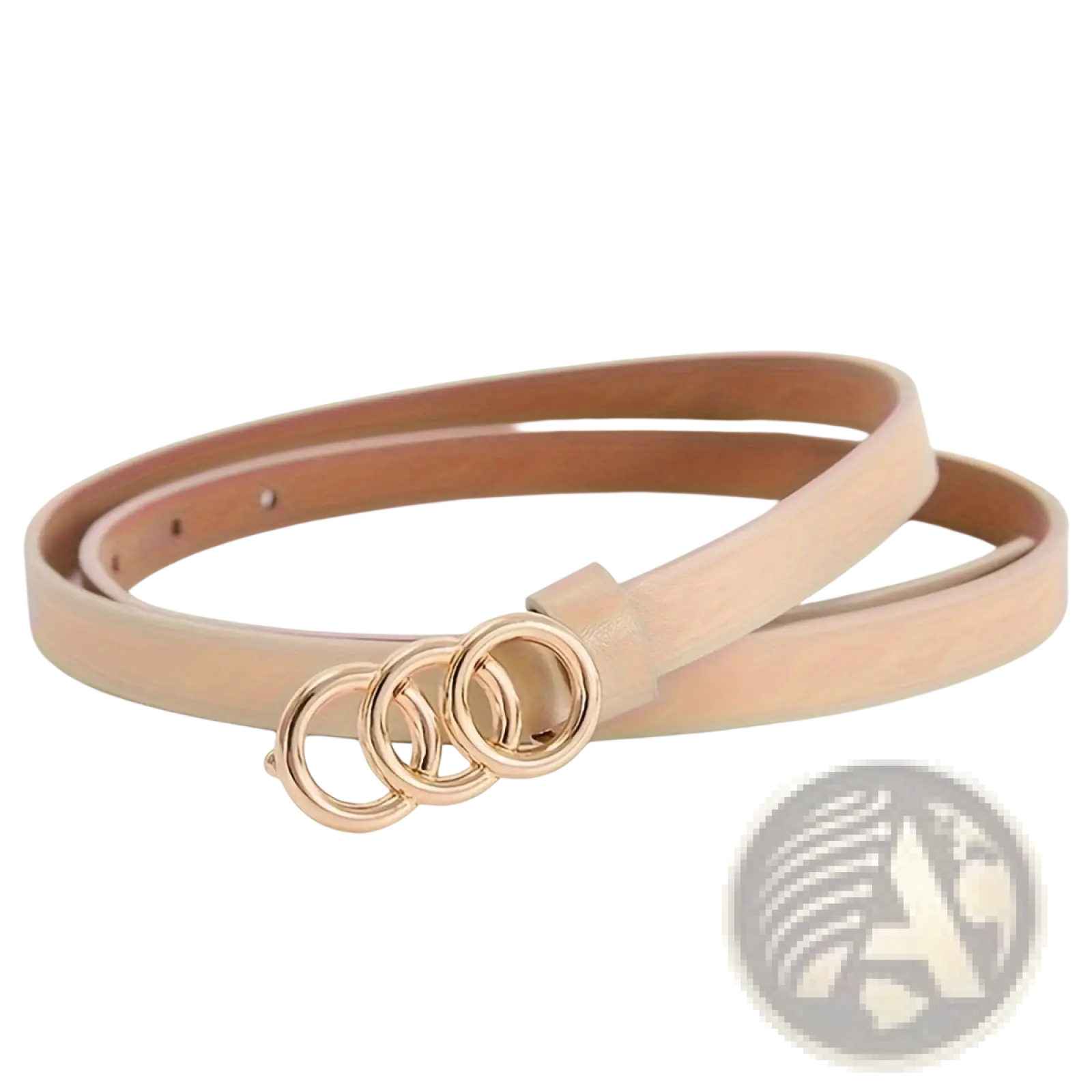 Beige minimalist women thin leather belt featuring a gold-tone triple-ring buckle for a stylish finish