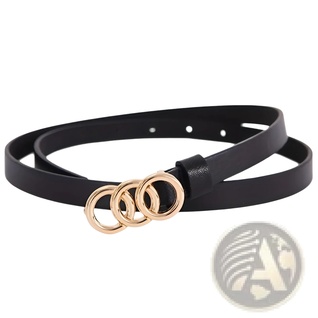 Black leather women minimalist thin belt with a gold-toned triple-ring buckle for stylish accessorizing