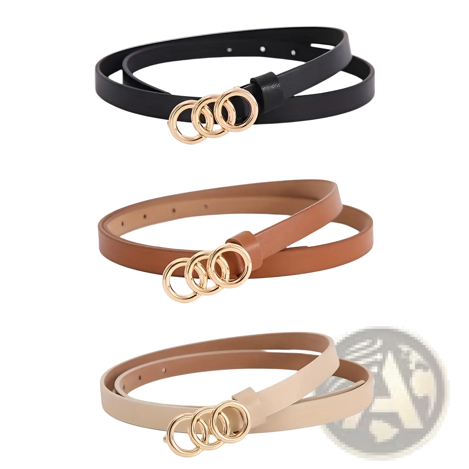 Triple ring thin leather belts for women in black tan and beige with gold toned triple ring buckles minimalist design