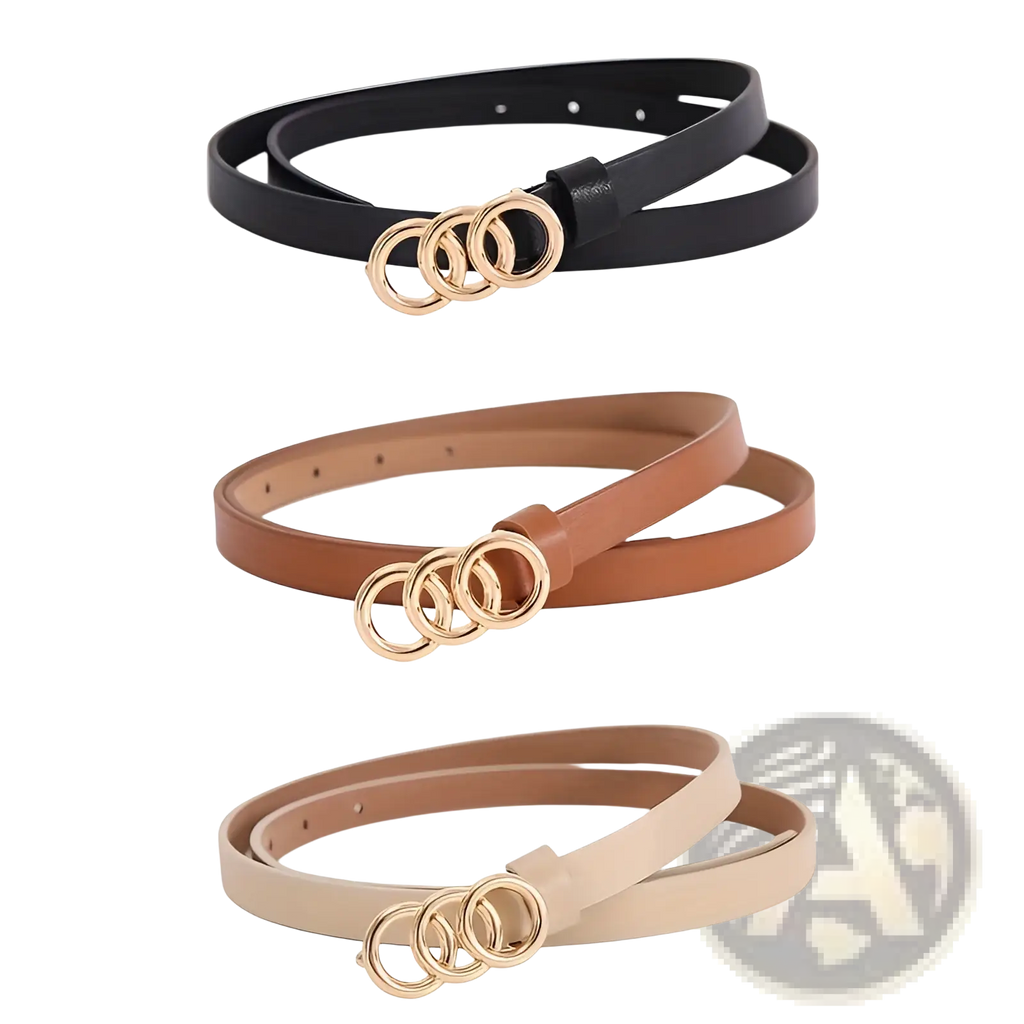 Triple ring thin leather belts for women in black tan and beige with gold toned triple ring buckles minimalist design