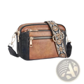 Brown and black colorblock triple zipper crossbody bag with a floral-patterned strap for hands-free use
