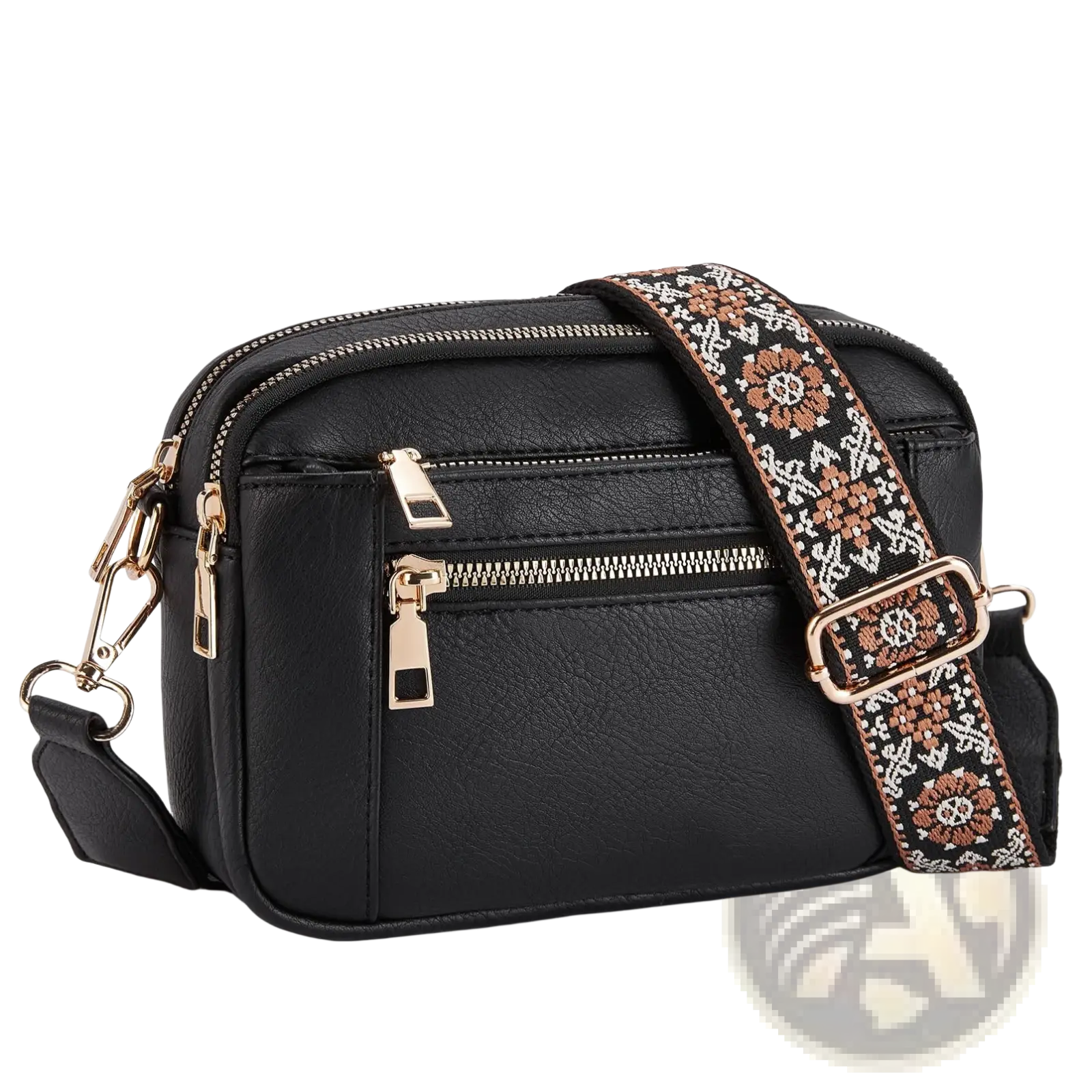 Black faux leather triple zipper crossbody bag with gold-tone zippers and a floral colorblock patterned strap