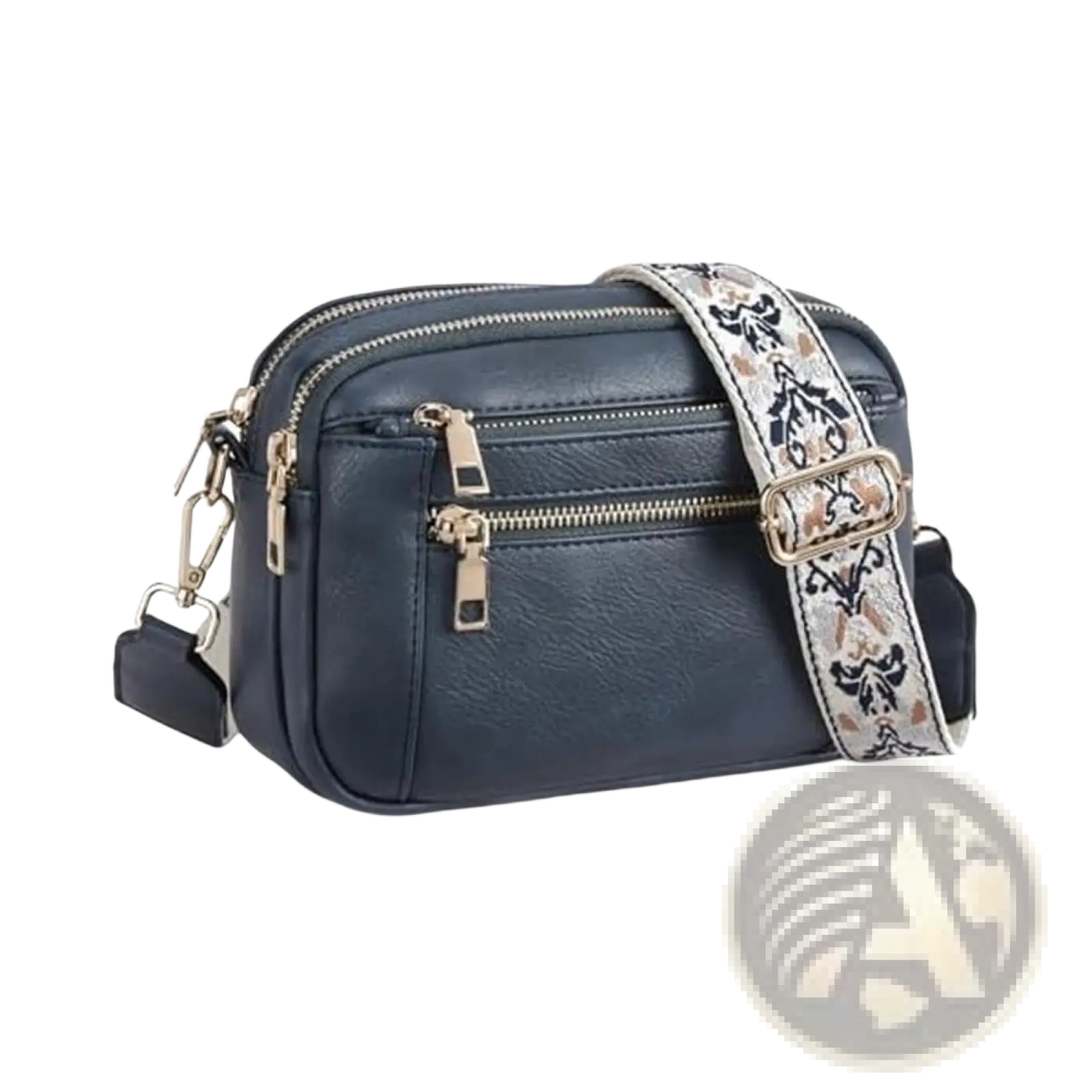 Navy blue faux leather triple zipper crossbody bag with gold-tone zippers and ornate floral patterned strap