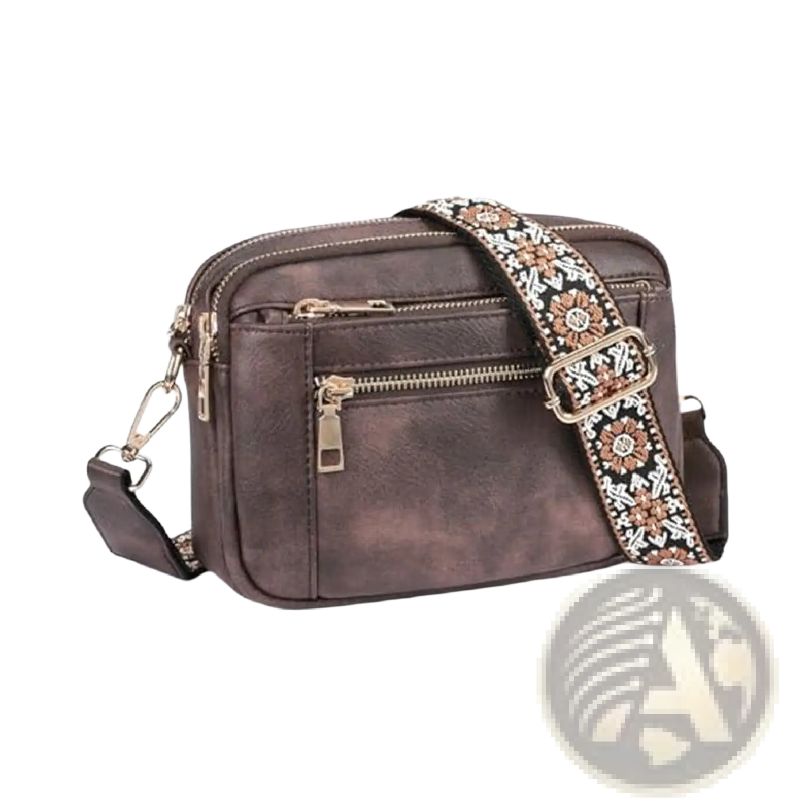 Brown faux leather triple zipper crossbody bag with decorative beige white and black floral embroidered strap