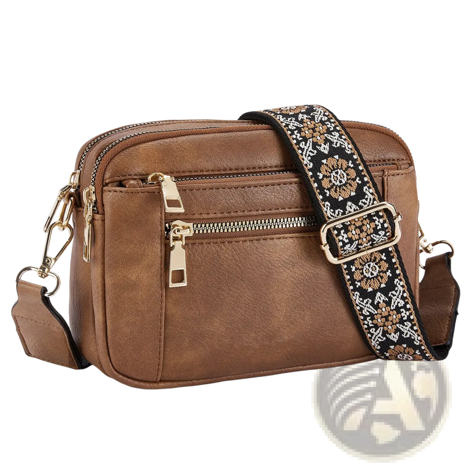 Brown faux leather triple zipper crossbody bag with a decorative woven floral strap in black beige and white colors