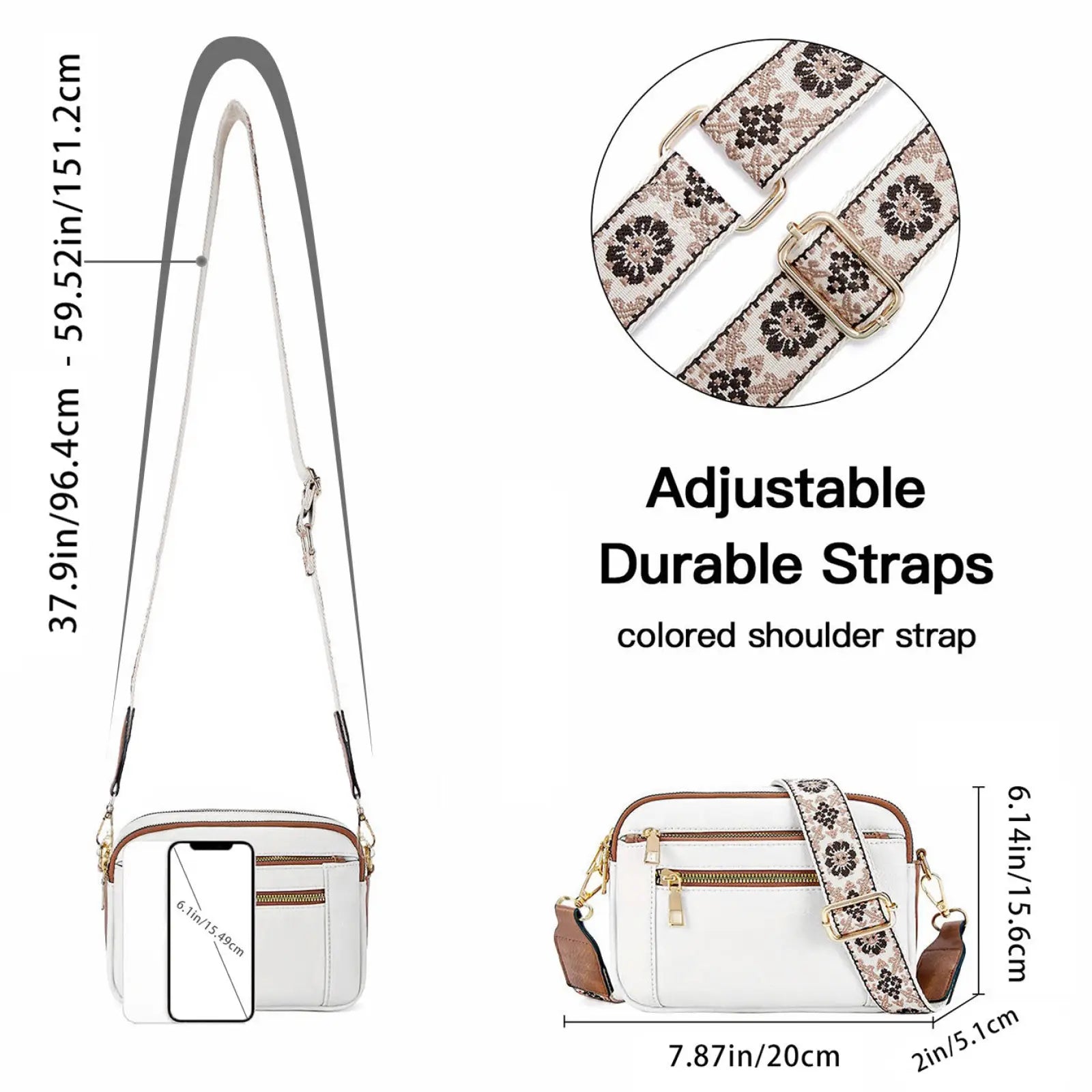 White crossbody bag with triple zipper, adjustable floral strap, colorblock design, and gold-tone hardware