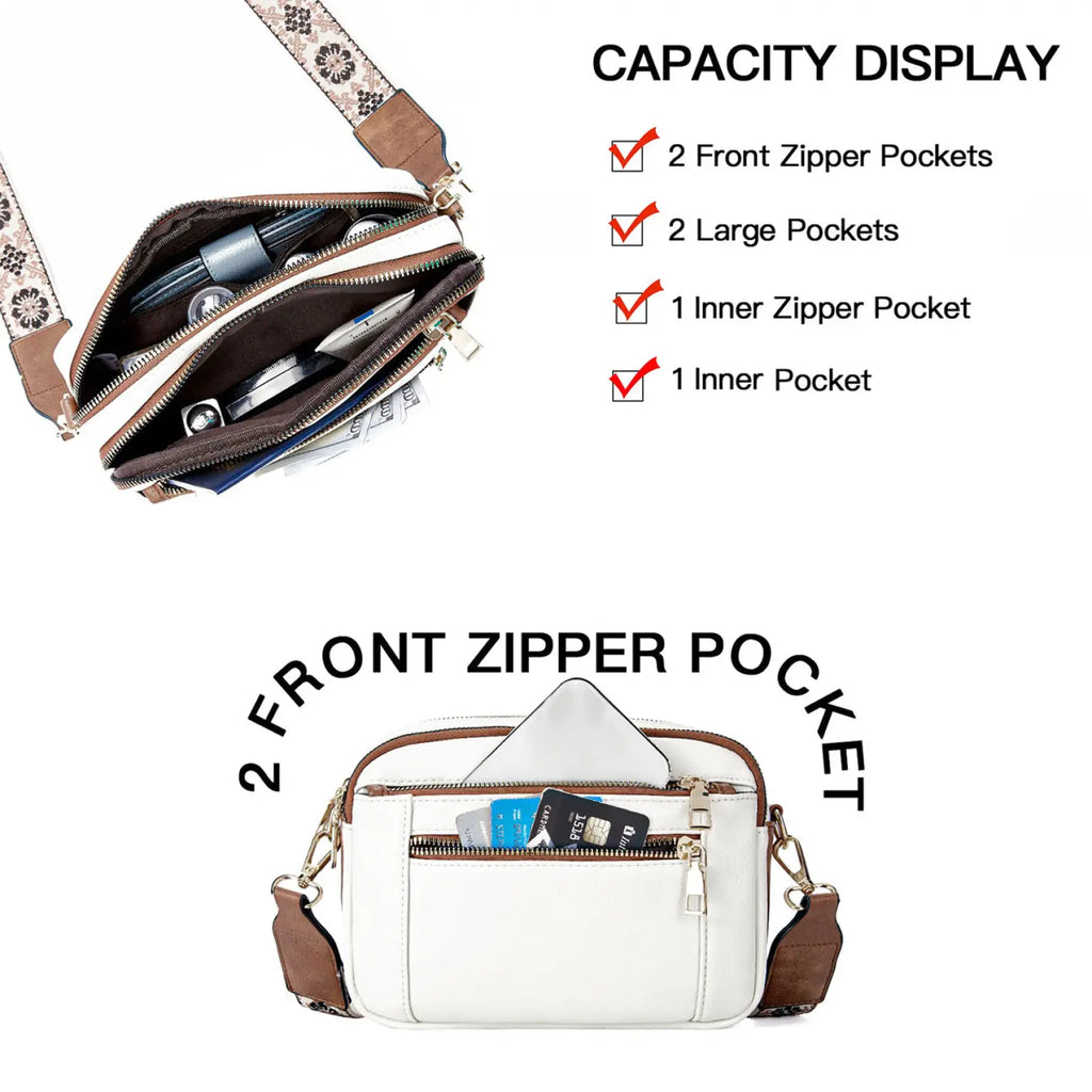 White triple zipper crossbody bag with brown leather accents and a floral-patterned colorblock strap
