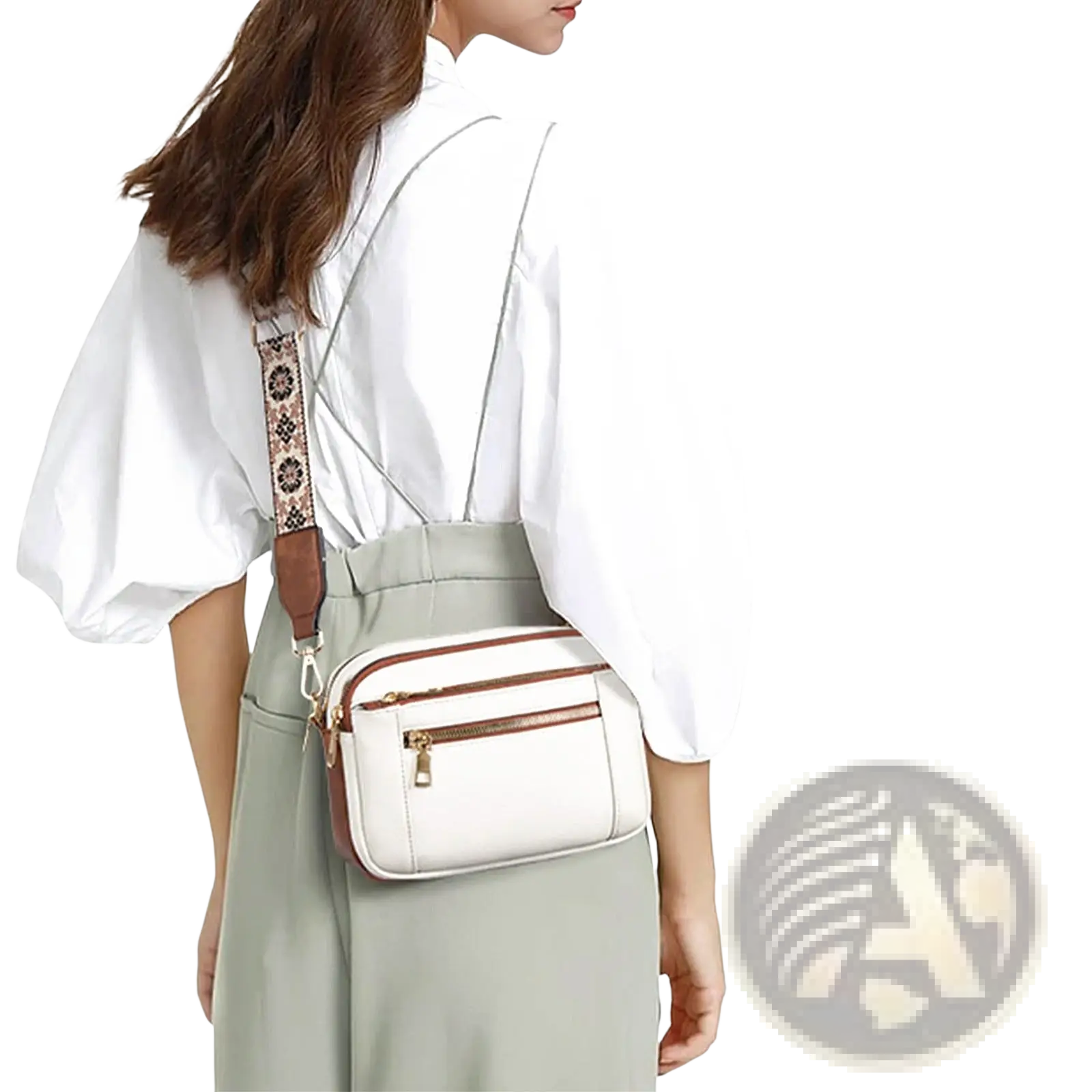 White crossbody bag with brown leather trim, triple zipper details, and a patterned floral colorblock strap