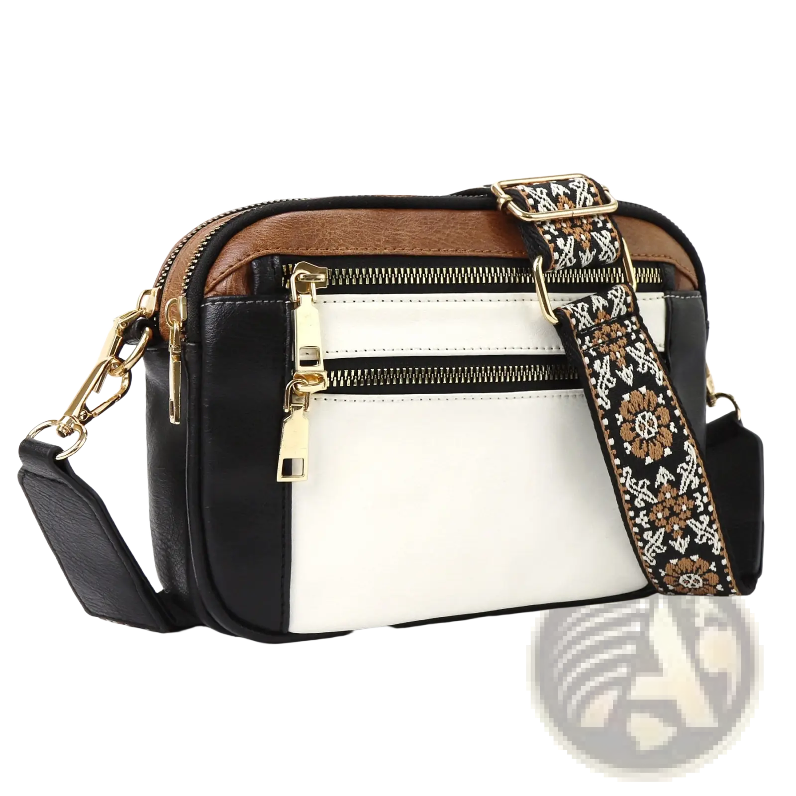 A stylish triple zipper floral strap colorblock crossbody bag in black white and brown with gold-tone zippers