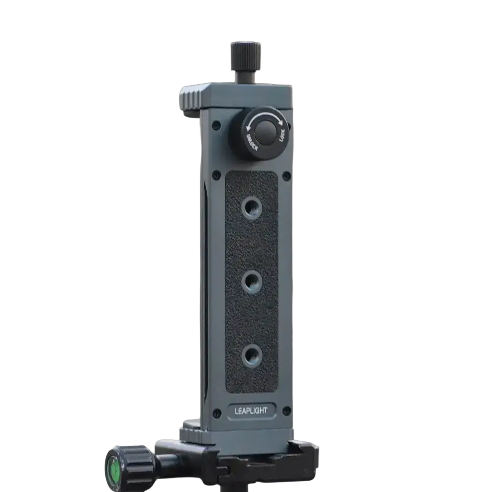 Gray aluminum tripod mount adapter with textured grip panels and adjustable locking knobs for universal use