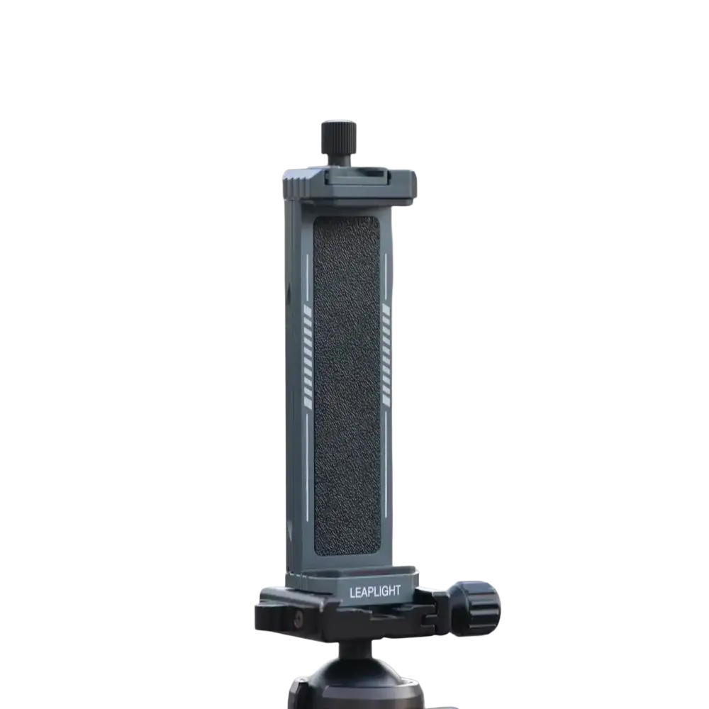 Gray aluminum tripod mount adapter with textured grip and adjustable knobs for universal tablet clamp use