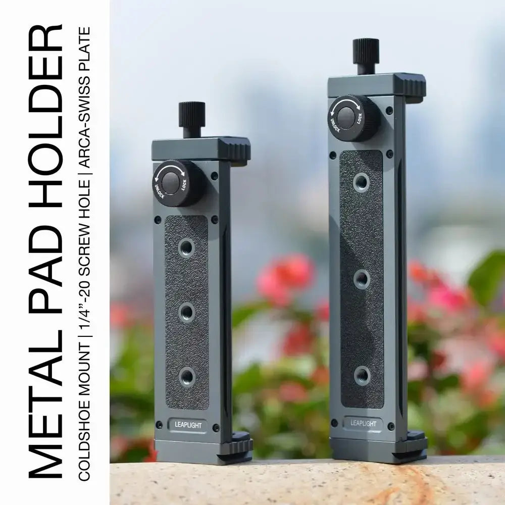 Gray aluminum tripod mount adapter tablet clamp with textured grip panels and black knobs branded leaplight