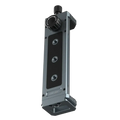 Gray metallic aluminum tripod mount adapter with black knobs and three threaded holes for universal tripod mount use