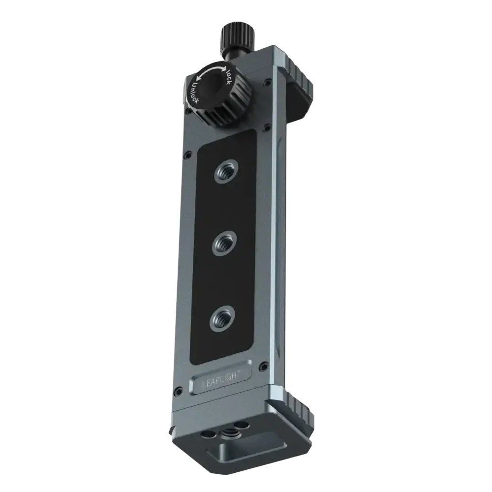 Gray metallic aluminum tripod mount adapter with black knobs and three threaded holes for universal tripod mount use