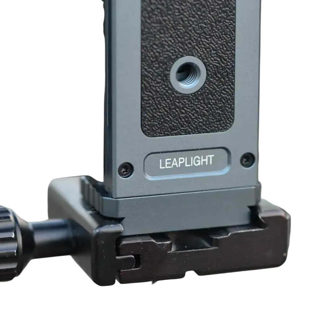 Gray metallic aluminum tripod mount adapter with textured grip and leaplight branding for universal tripod mount use
