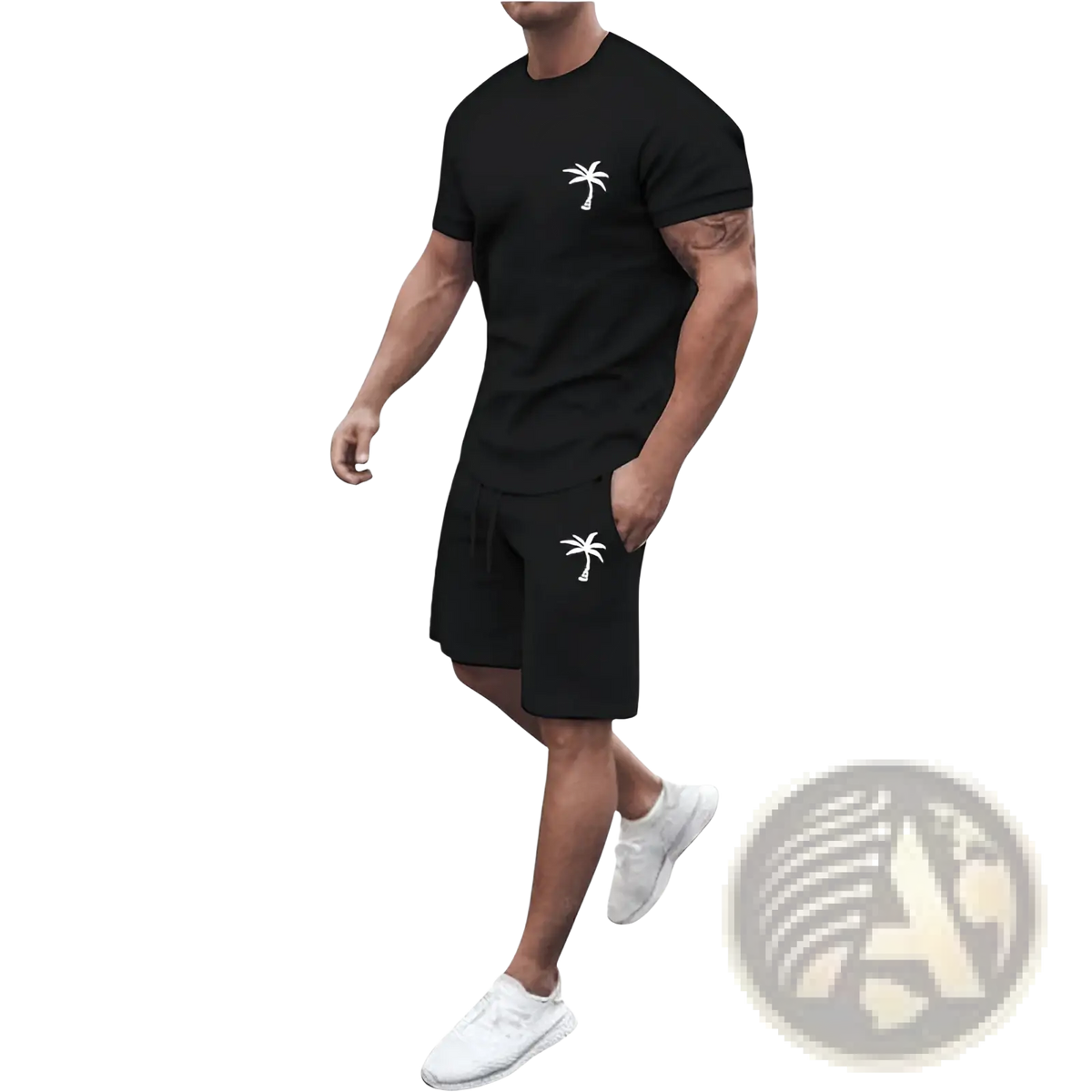Black short-sleeved athletic t-shirt with white palm tree graphic on chest from tropical palm tree set