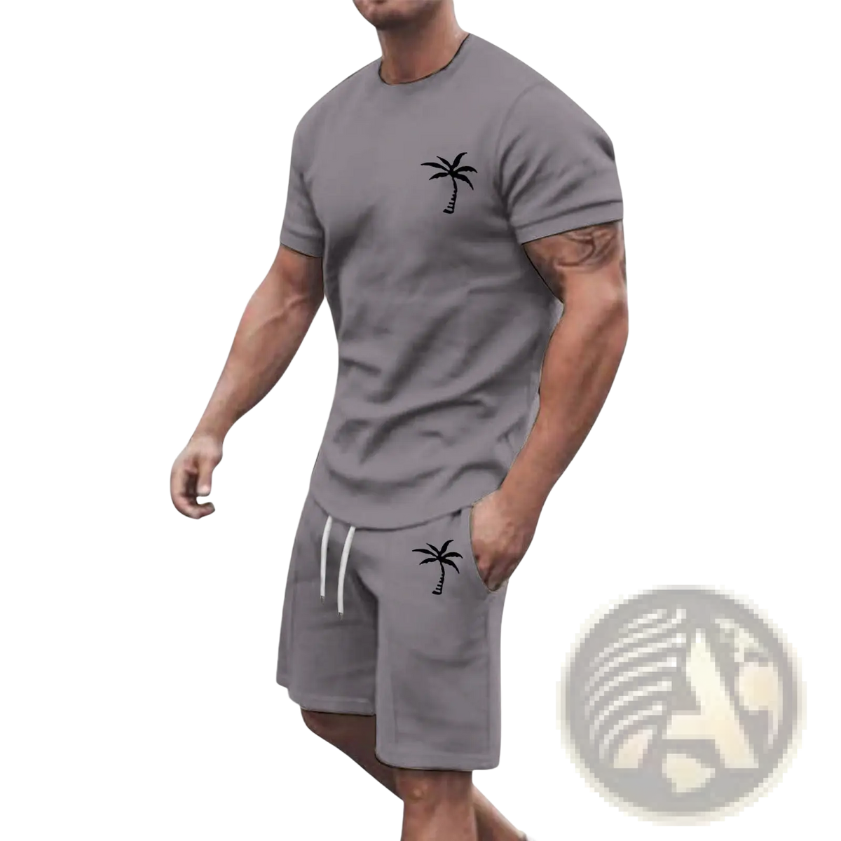 Gray tropical palm tree short sleeve athletic set with black palm tree embroidery on chest and pocket