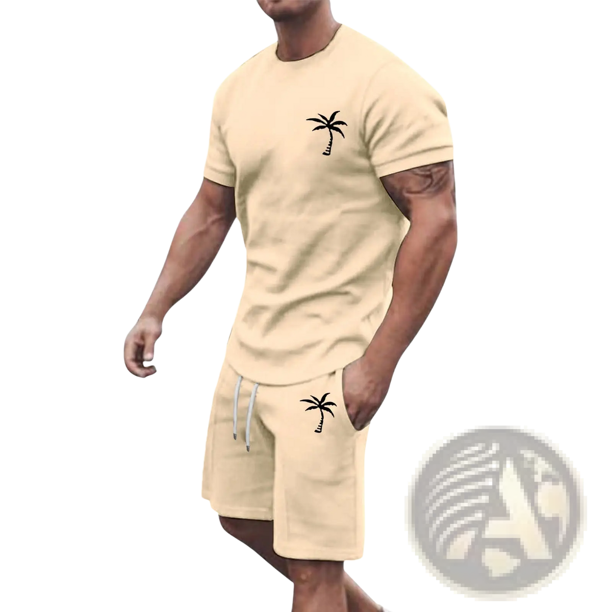 Beige tropical palm tree short sleeve athletic set with black palm tree embroidery on chest and pocket