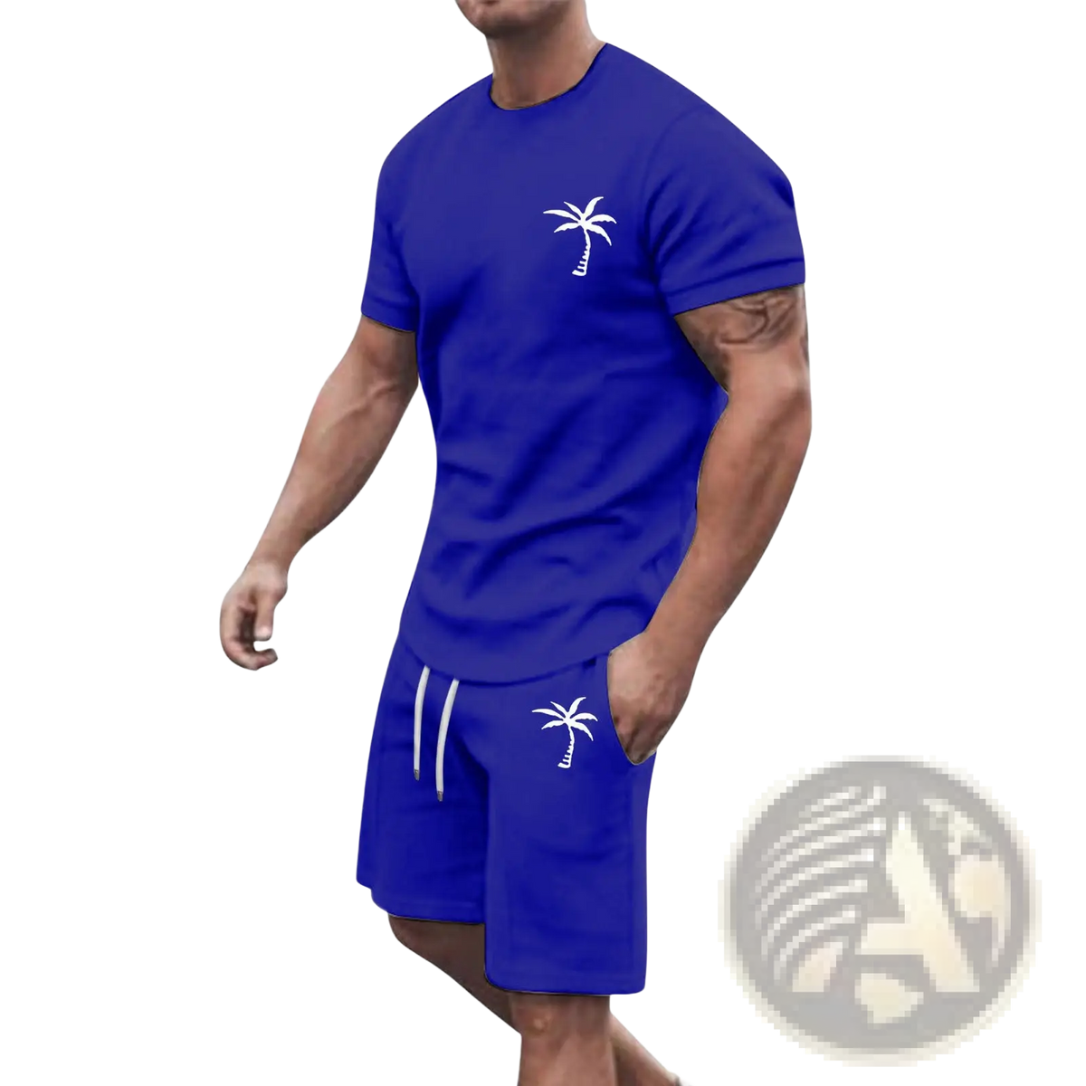 Royal blue tropical palm tree short sleeve athletic set with white palm tree embroidery on tee and shorts