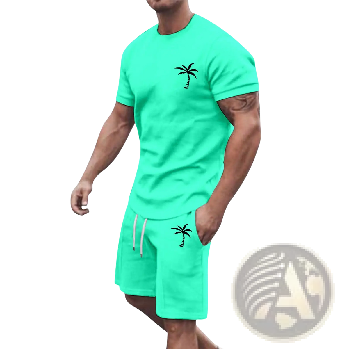 Men’s bright green tropical palm tree short sleeve athletic set with black embroidery on chest and pocket for workouts