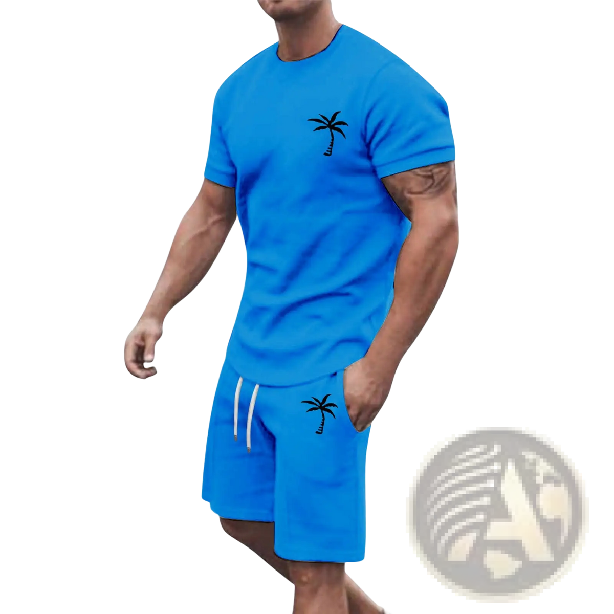 Bright blue tropical palm tree short sleeve athletic set with black palm tree embroidery on chest and pocket
