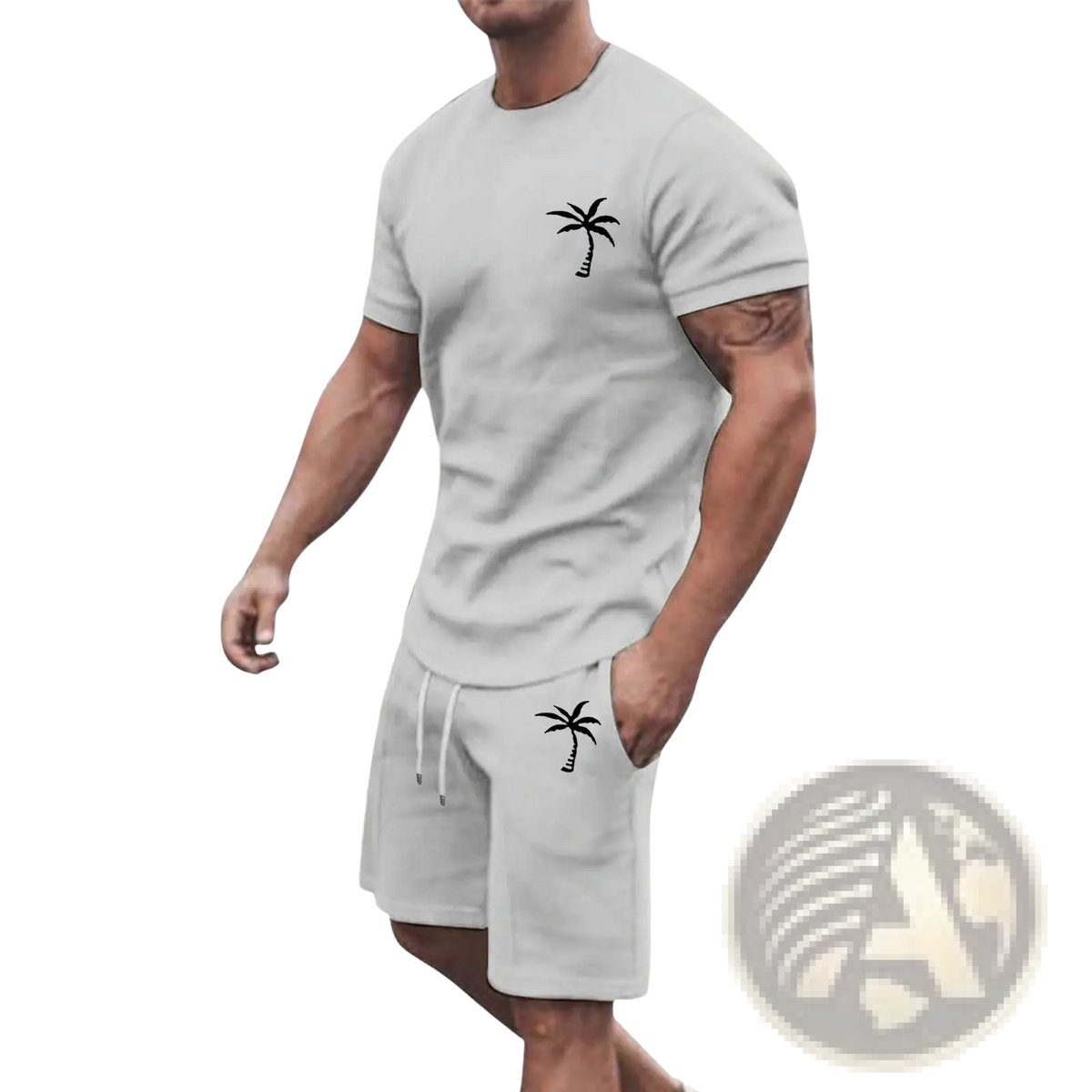 Light gray tropical palm tree short sleeve athletic set with black palm embroidery on chest and pocket