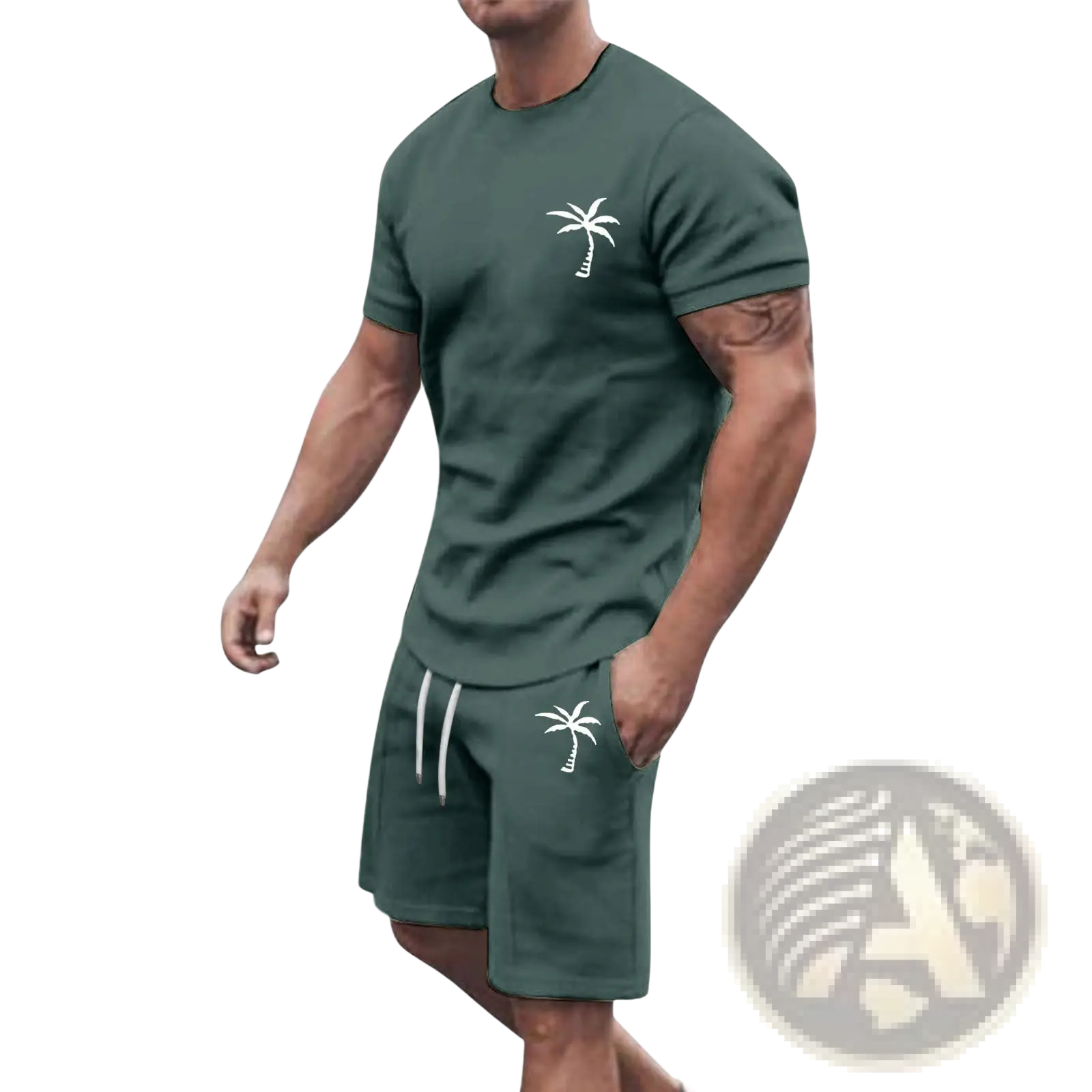 Dark green tropical palm tree short sleeve athletic set with white embroidery featuring a tee and matching shorts